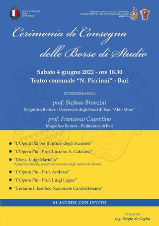 L'OPERA PIA DI MOLFETTA CONSEGNA AL TEATRO PICCINNI DI BARI LE BORSE DI STUDIO PER MATURATI, UNIVERSITARI E RICERCATORI. TUTTI I NOMI