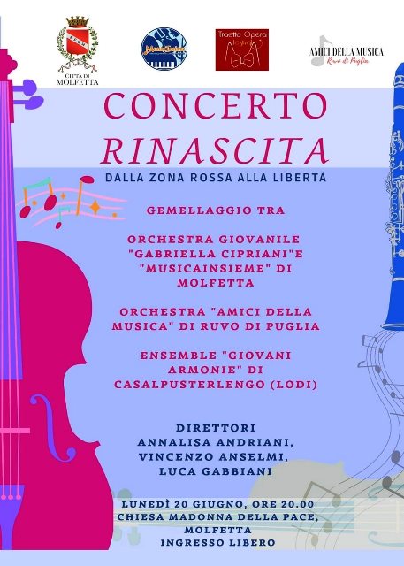 UN GRANDE EVENTO MUSICALE ESEGUITO DA PI DI 50 MUSICISTI INTITOLATO CONCERTO RINASCITA, DALLA ZONA ROSSA ALLA LIBERT