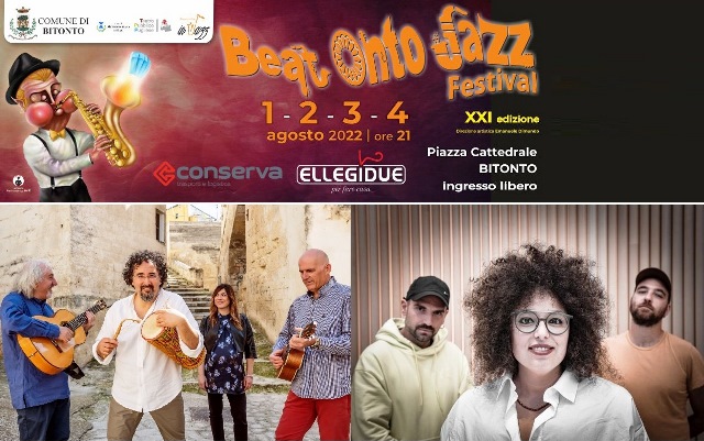 LENSEMBLE AFRODIASPORA DI CESARE PASTANELLA E SADE MANGIARACINA TRIO APRONO LA XXI EDIZIONE DEL BEAT ONTO JAZZ FESTIVAL, LUNED 1 AGOSTO, IN PIAZZA CATTEDRALE A BITONTO