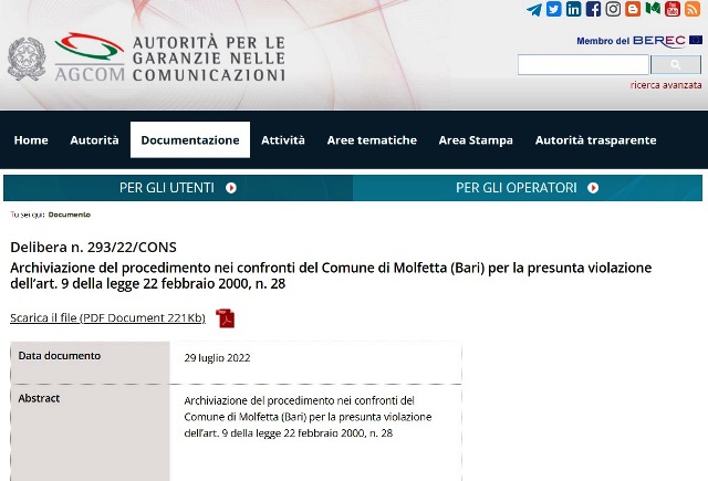 IL COMUNE DI MOLFETTA PUBBLICA SULLA HOME PAGE DEL SITO ISTITUZIONALE IL PROVVEDIMENTO DELLAUTORIT PER LE GARANZIE NELLE COMUNICAZIONI PER LA VIOLAZIONE DELLART. 9 DELLA LEGGE 22/02/2000, N. 28