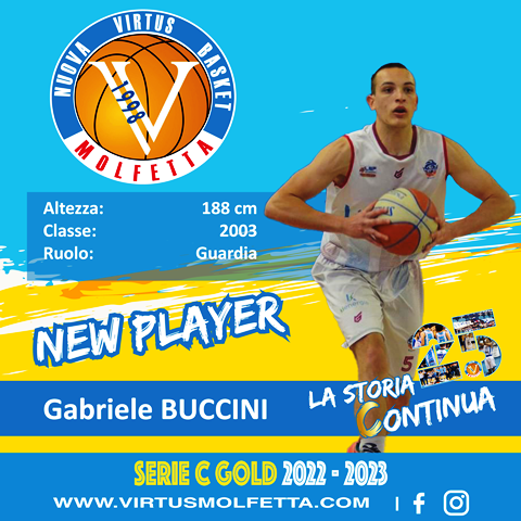 SI CHIUDE CON UN NUOVO COLPO DI MERCATO LA CAMPAGNA ACQUISTI DELLA VIRTUS BASKET MOLFETTA. ARRIVA IN BIANCOAZZURRO IL GIOVANE GABRIELE BUCCINI