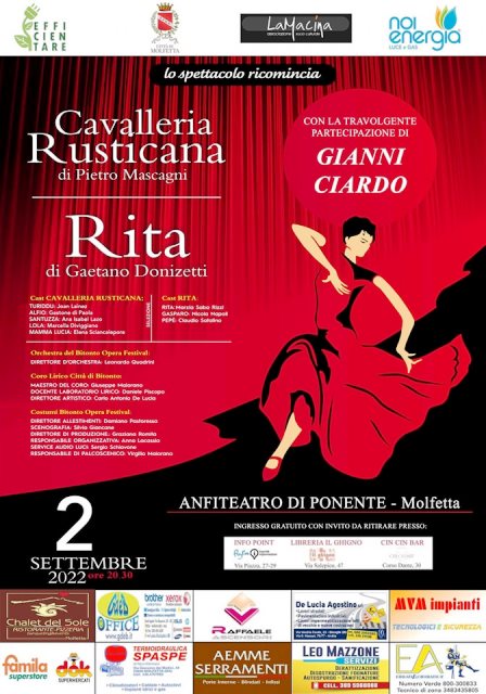 DUE OPERE LIRICHE DEL 1800 SARANNO RAPPRESENTATE IN UN ATTO UNICO DI CIRCA UN'ORA L'UNA: CAVALLERIA RUSTICANA DI PIETRO MASCAGNI E RITA DI GAETANO DONIZETTI