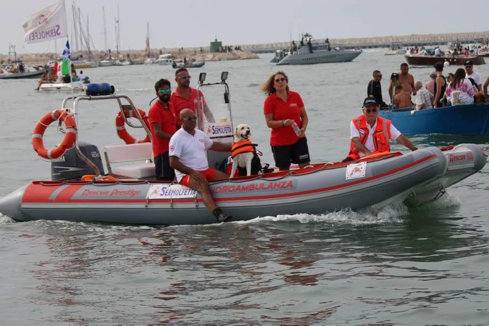 CHRISTINE, IL LABRADOR DELLA CROCE ROSSA IN SERVIZIO PER IL SERMOLFETTA A BORDO DELL'IDROAMBULANZA 