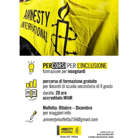 AMNESTY INTERNATIONAL ORGANIZZA UN CORSO DI FORMAZIONE PER DOCENTI DELLA SCUOLA SECONDARIA SUPERIORE SUI PERCORSI PER LINCLUSIONE