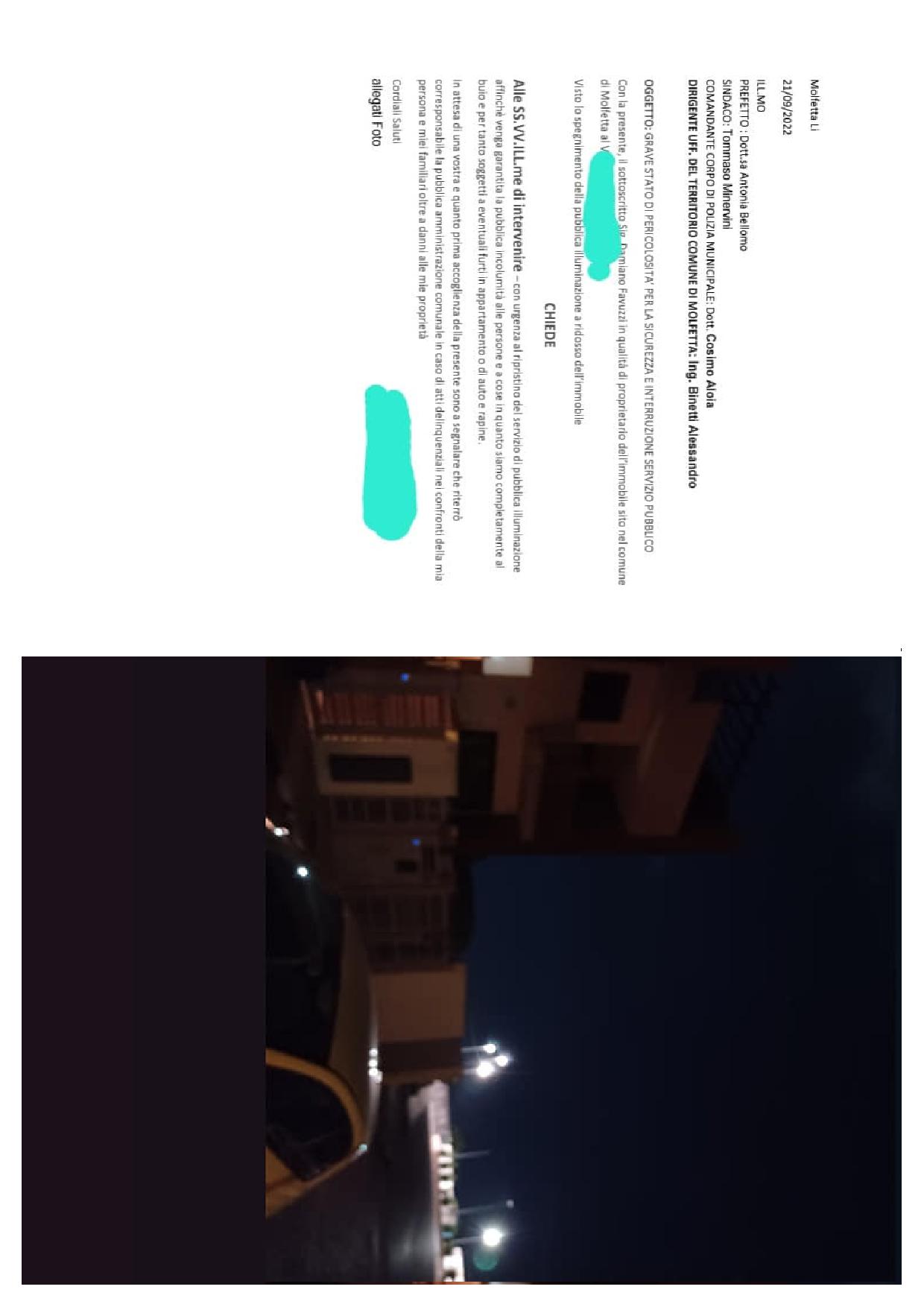 PERIFERIA DI MOLFETTA AL BUIO NON FUNZIONA LA PUBBLICA ILLUMINAZIONE. LA SEGNALAZIONE DEI CITTADINI PREOCCUPATI PER LA SICUREZZA