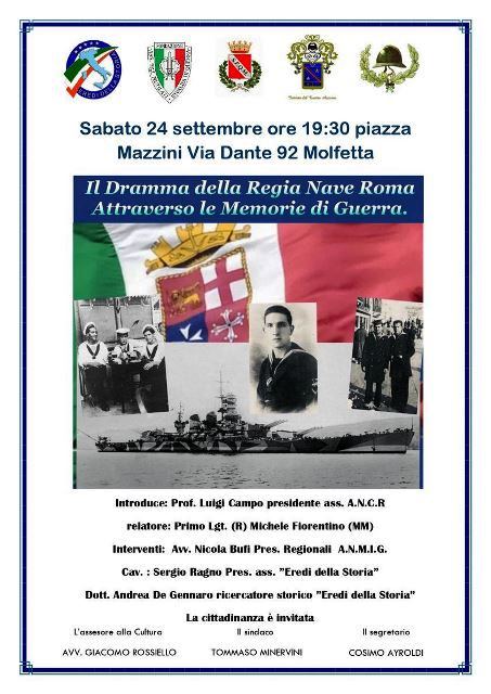 QUESTA SERA IN PIAZZA MAZZINI A MOLFETTA SI PARLER DEL DRAMMA DELLA REGIA NAVE ROMA ATTRAVERSO LE MEMORIE DI GUERRA