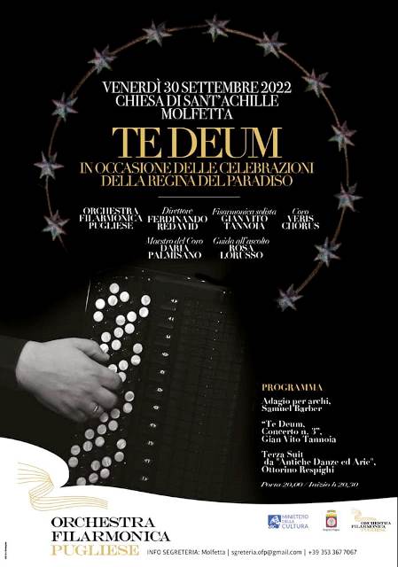 CONCERTO DELLORCHESTRA FILARMONICA PUGLIESE-OFP, VENERD 30 SETTEMBRE, IN OCCASIONE DELLE CELEBRAZIONI DELLA REGINA DEL PARADISO