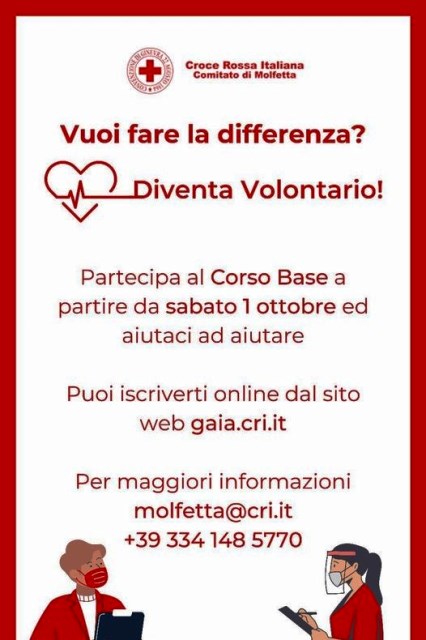 VUOI DIVENTARE UN VOLONTARIO DELLA CROCE ROSSA ITALIANA? PARTECIPA AL CORSO DI FORMAZIONE CHE PARTE SABATO 1 OTTOBRE A MOLFETTA