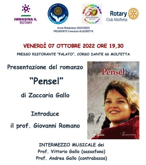 SAR PRESENTATO A MOLFETTA, VENERD 7 OTTOBRE, IL ROMANZO DI ZACCARIA GALLO PENSEL