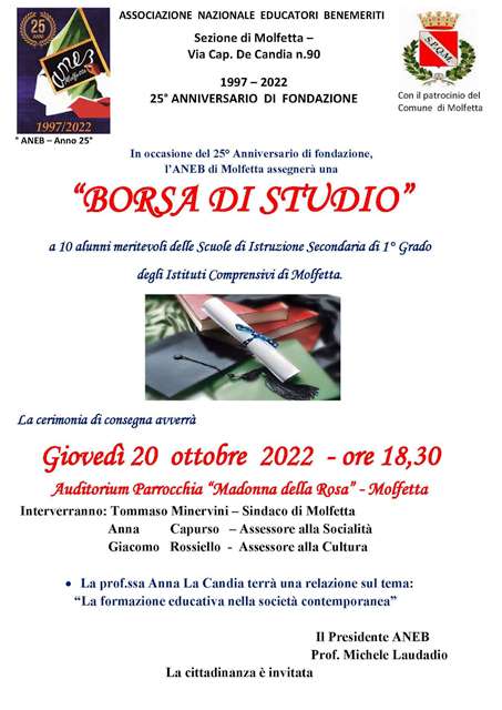 I 10 ALUNNI PI MERITEVOLI DELLE SCUOLE MEDIE DI MOLFETTA RICEVERANNO LA BORSA DI STUDIO 25 DI FONDAZIONE ANEB