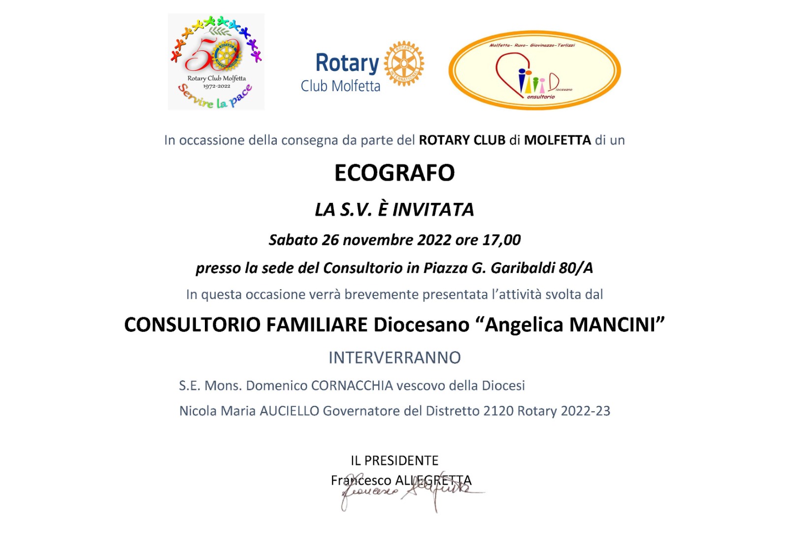 IL ROTARY CLUB DI MOLFETTA DONER UN ECOGRAFO AL CONSULTORIO FAMILIARE DIOCESANO ANGELICA MANCINI