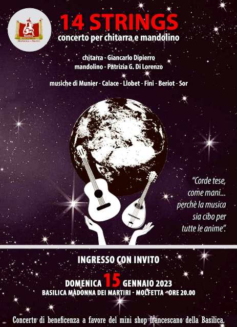 DOMENICA 15 GENNAIO CONCERTO DI BENEFICENZA ALLA BASILICA DELLA MADONNA DEI MARTIRI: 14 STRINGS
