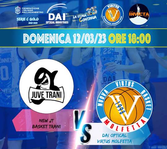ULTIMA GARA DELLA REGULAR SEASON PER LA DAI OPTICAL VIRTUS BASKET MOLFETTA CHE GIOCA IN TRASFERTA A TRANI