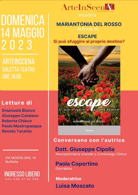 MARIANTONIA DEL ROSSO PRESENTA A MOLFETTA PRESSO ARTEINSCENA IL LIBRO ESCAPE  SI PU SFUGGIRE AL PROPRIO DESTINO?