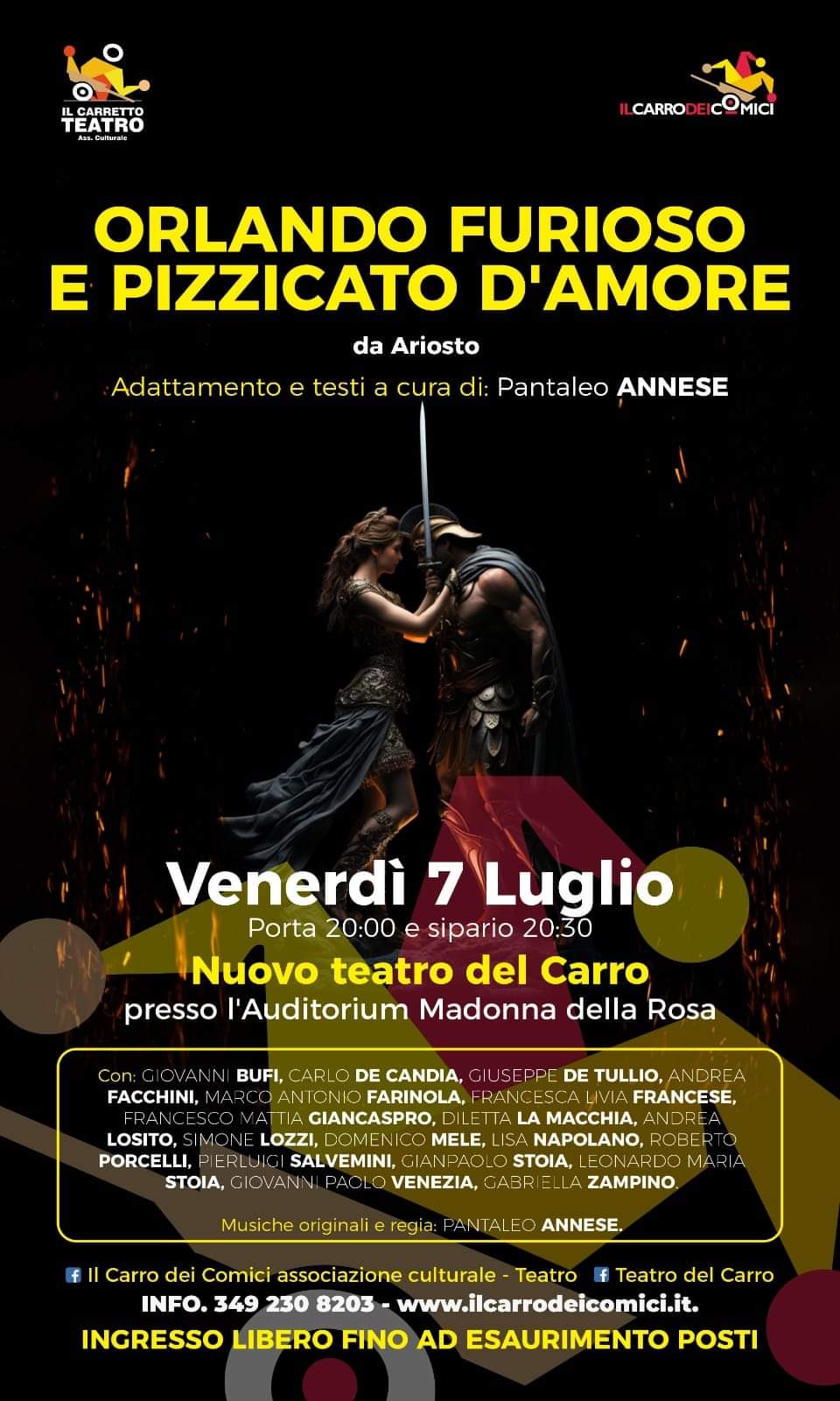 VENERD 7 LUGLIO AL NUOVO TEATRO DEL CARRO VA IN SCENA LO SPETTACOLO ORLANDO FURIOSO E PIZZICATO DAMORE